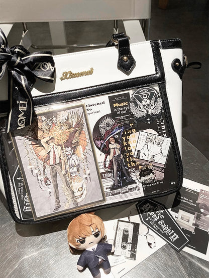 White and Black Bowknot and Heart-shaped Charm Ita Bag