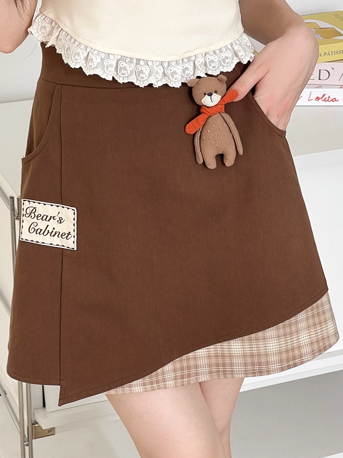 Letter Embroidery Applique Brown Plaid Hem Skirt with Bear Plushie