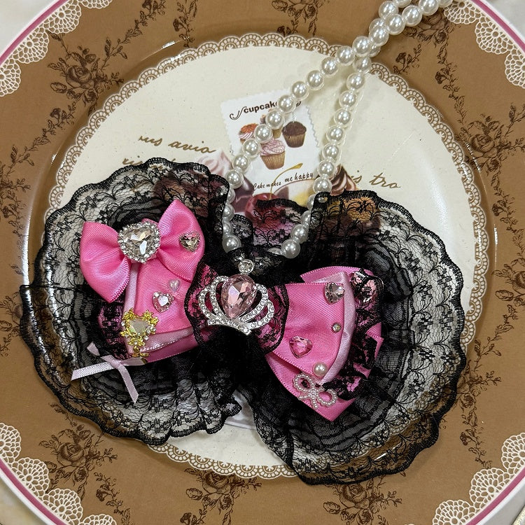 Black&Pink Rhinestone Heart And Crown Decorated Lace Trim Bowknot Pendant Beaded Necklace