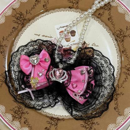 Black&Pink Rhinestone Heart And Crown Decorated Lace Trim Bowknot Pendant Beaded Necklace