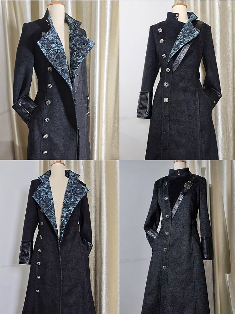 Ouji Fashion Black Leather Cuffs Gothic Lolita Woolen Coat with Blue Inner Lining