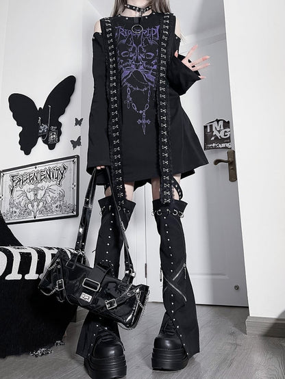 Black&Purple Emo Punk Cutout Shoulder Skeleton And Letter Print Long Sleeves Top