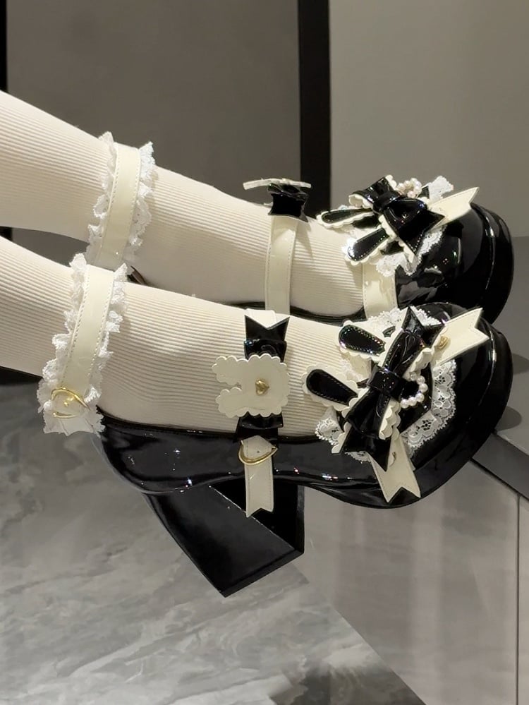 Polished Black Sweet Lolita Bunny Decorated Bowknot Details Lace Trim Platform High Block Heels