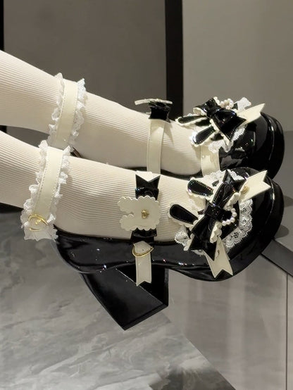 Polished Black Sweet Lolita Bunny Decorated Bowknot Details Lace Trim Platform High Block Heels