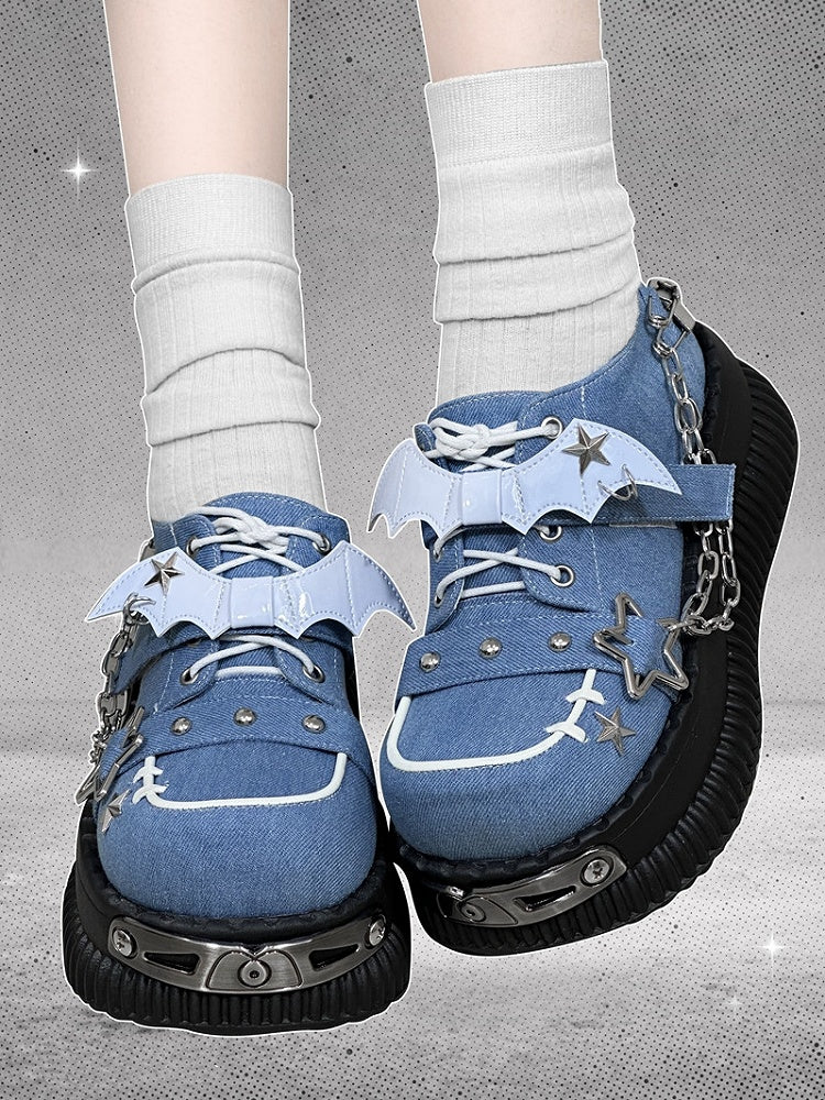 Star-shaped Studs and Chains Gothic Blue Bat Wings Platforms Punk Shoes