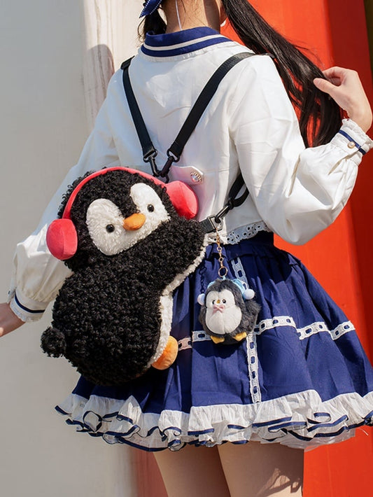 Black Cute Penguin Plush Backpack/Crossbody Bag +Keychain