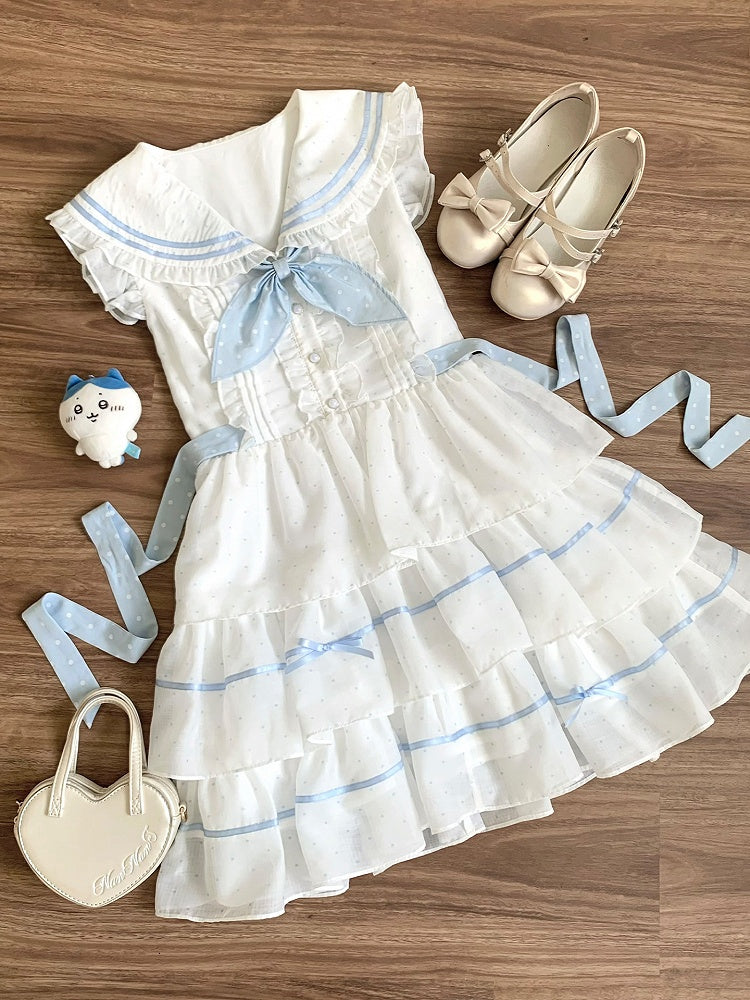 White and Blue Polka-dot Pattern Sailor Collar Navycore Dress Tiered Skirt