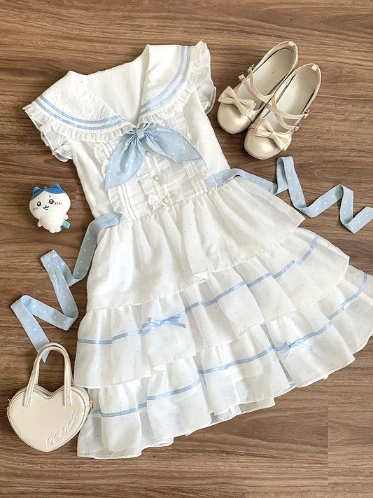 White and Blue Polka-dot Pattern Sailor Collar Navycore Dress Tiered Skirt