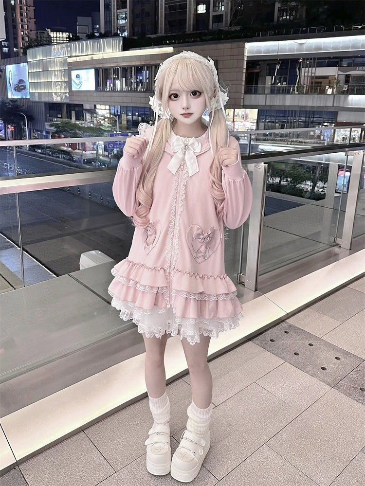 Sweet Pink Jirai Kei Bunny-Eared Hoodie Dress | Tiered Ruffles & Heart Pockets