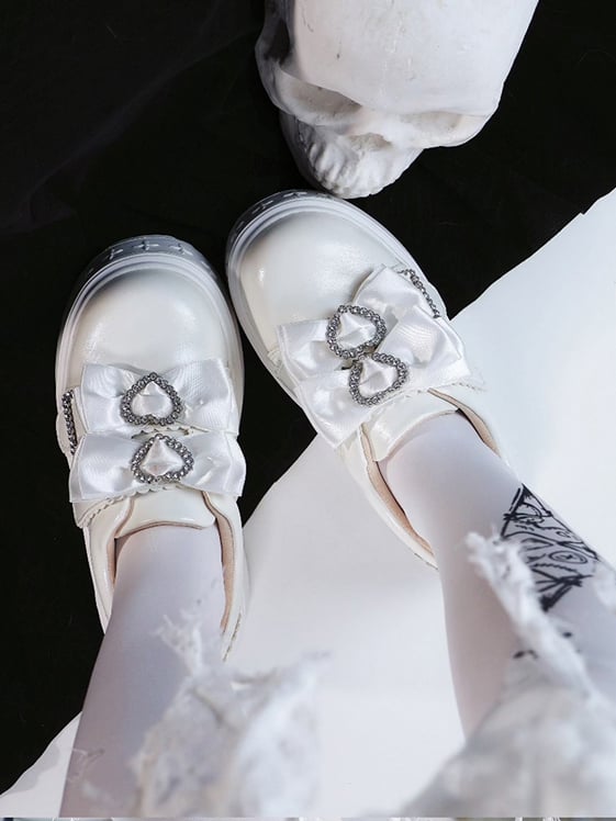 Regular/Thicken Version Rhinestone Heart Decor Bow Details & Slip-in Fit Design PU White Platform Shoes in Jirai Kei