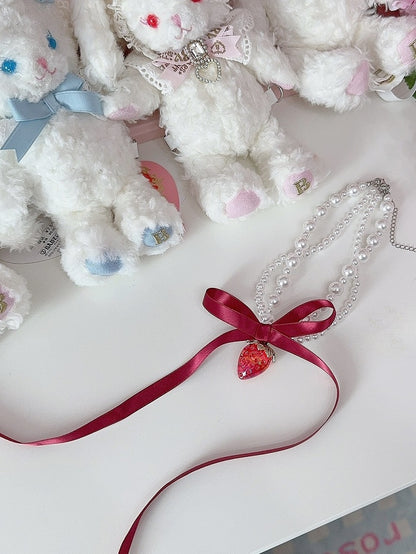 White Strawberry Pendant Beaded Necklace