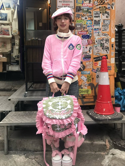 Camouflage Contrast Pink Lace Trim Backpack