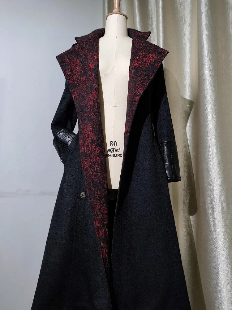 Ouji Fashion Black Leather Cuffs Gothic Lolita Woolen Coat with Red Inner Lining