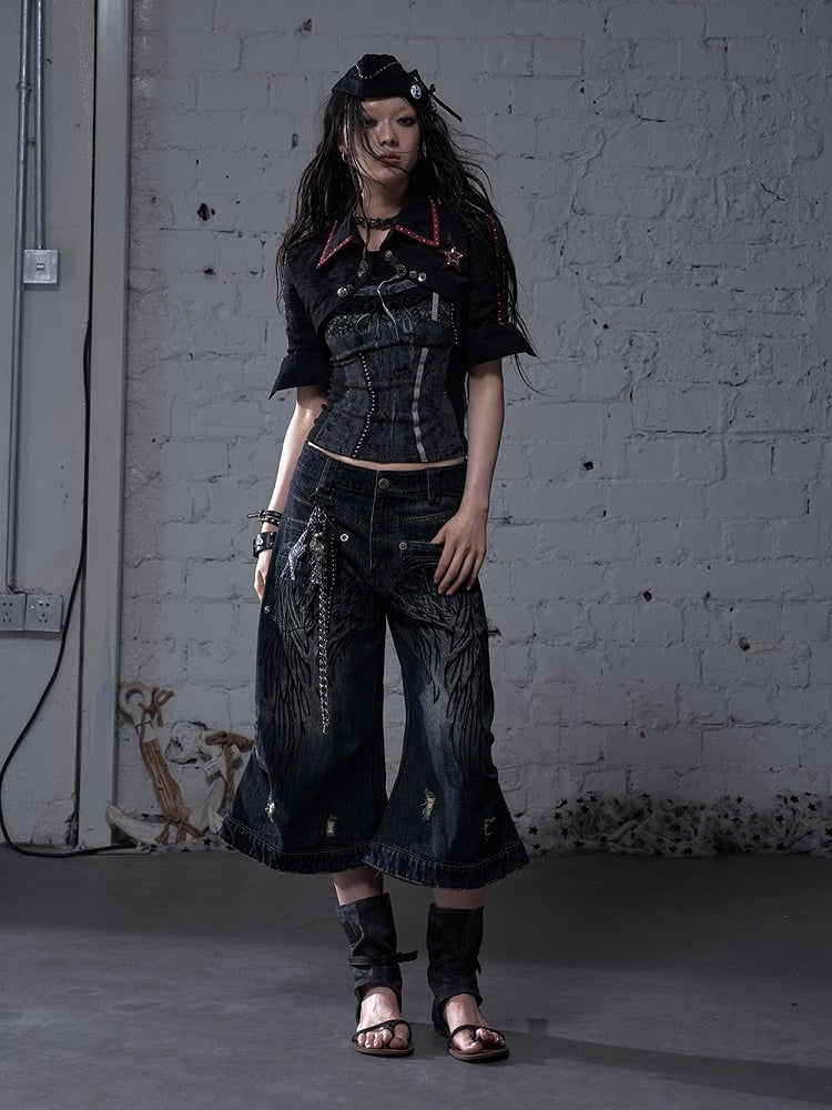 Black/White Pointed Flat Collar Studs and Metal Buttons Open Placket Navycore Top