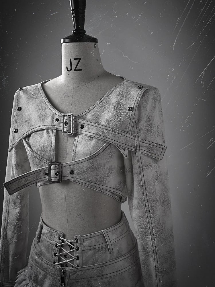 Grey Punk Buckle Closure Padded Shoulders Cropped Top