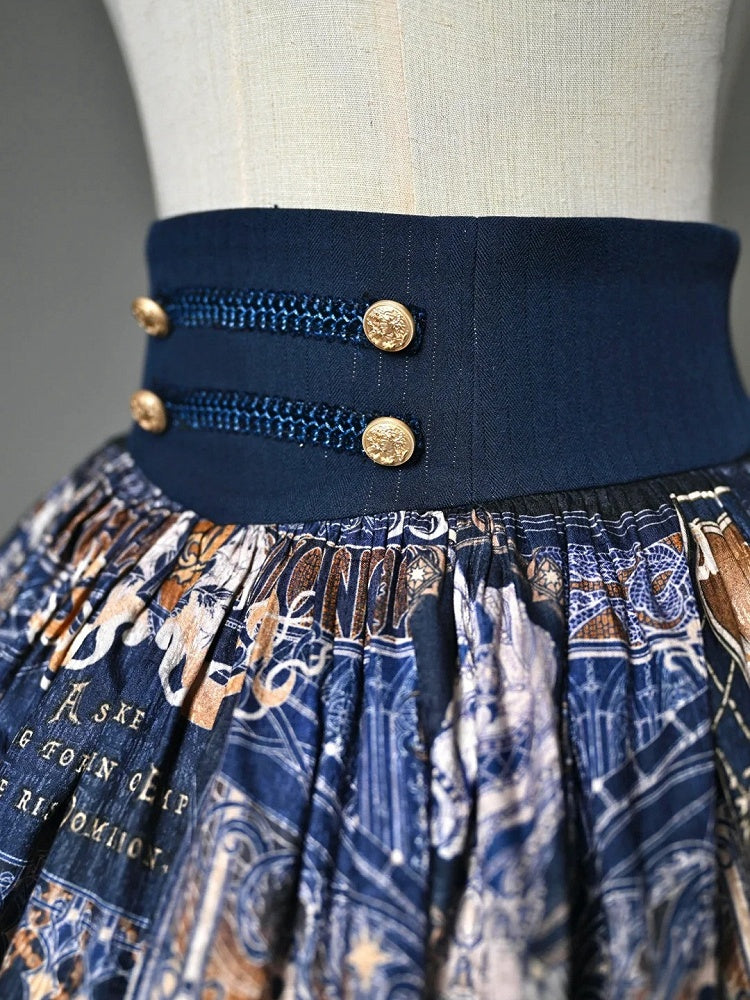 Dark Blue Corset Belt Waist Chess Theme Print Lolita Skirt