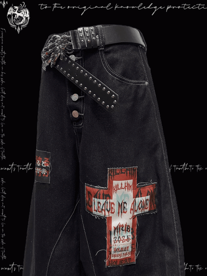 Cross Applique Dark Blue Buttons Fly Front Wide-leg Jeans