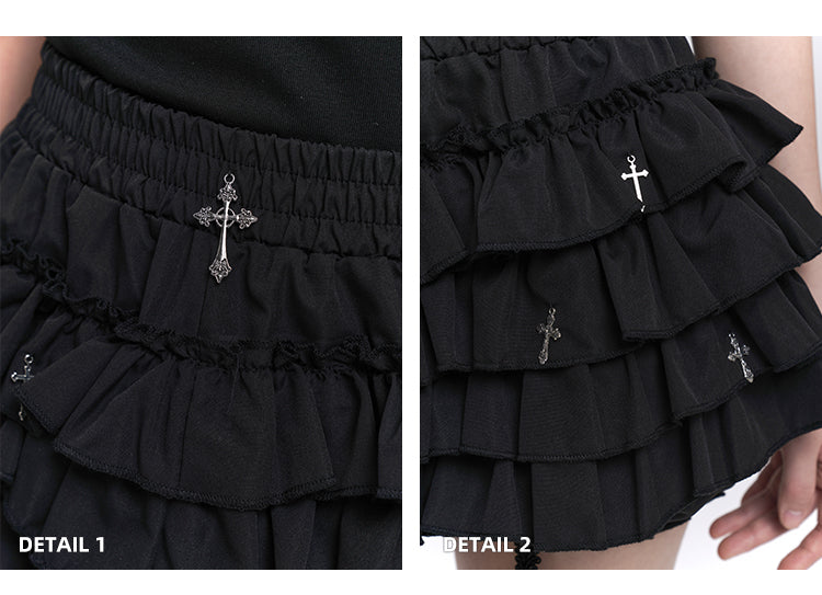 Gothic Black Cross Charms Mini Tiered Skirt Bloomers Lining