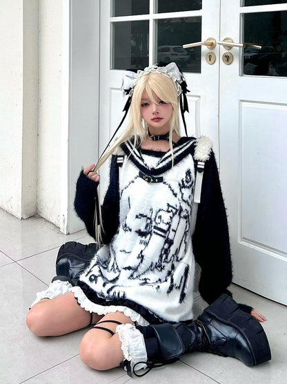 Black/Blue/Pink Sailor Collar Plush Sweater with Cartoon Girl Design - Oversized Fit