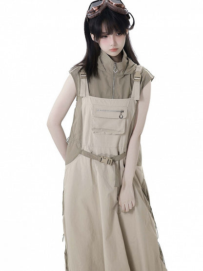 Khaki Snap and Drawstring Details Techwear Overall Bubble Skirt