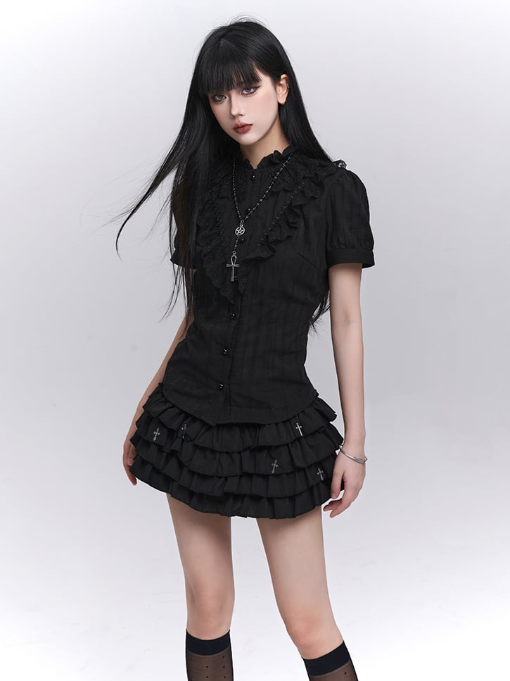 Black Lace Trim Short Sleeves Gothic Blouse