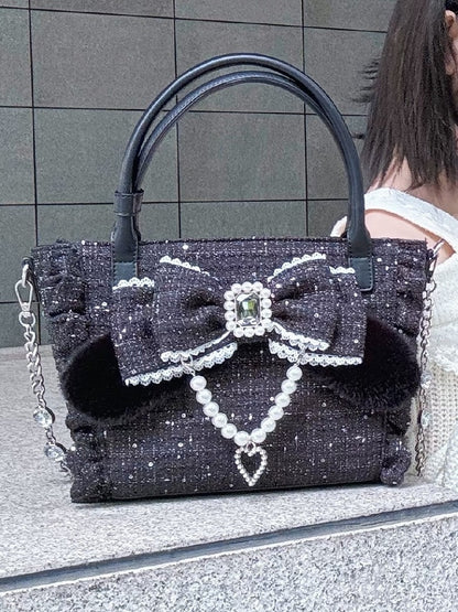 Elegant Black Ruffled-Edge Lolita Bag - Detachable Beaded Chain & Rhinestone Decor Bow Embellishment with Plush Bunny Ear