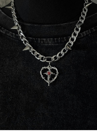 Silver Cross Heart-shaped Pendant Studded Necklace