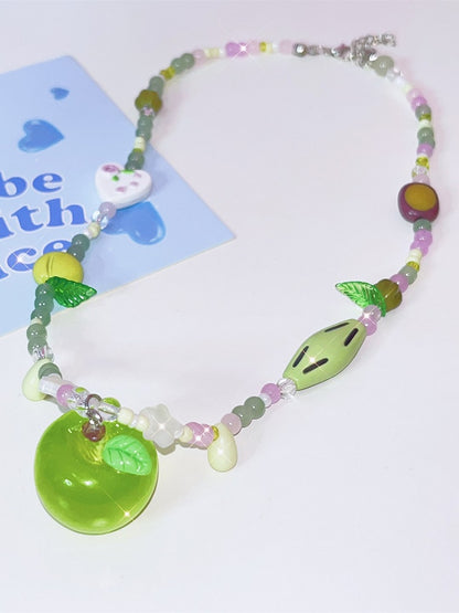 Green Apple Y2K Pendant Beaded Necklace