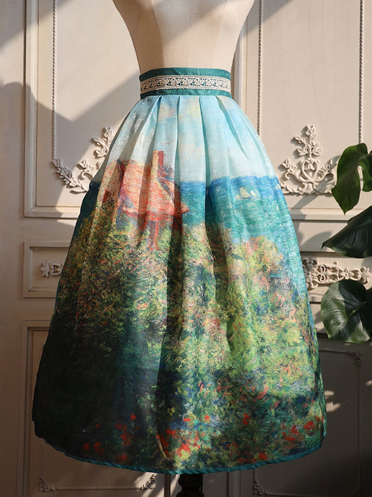 Fisherman's Cottage Oil Painting Print Geen High Waist Skirt Long/Short Version