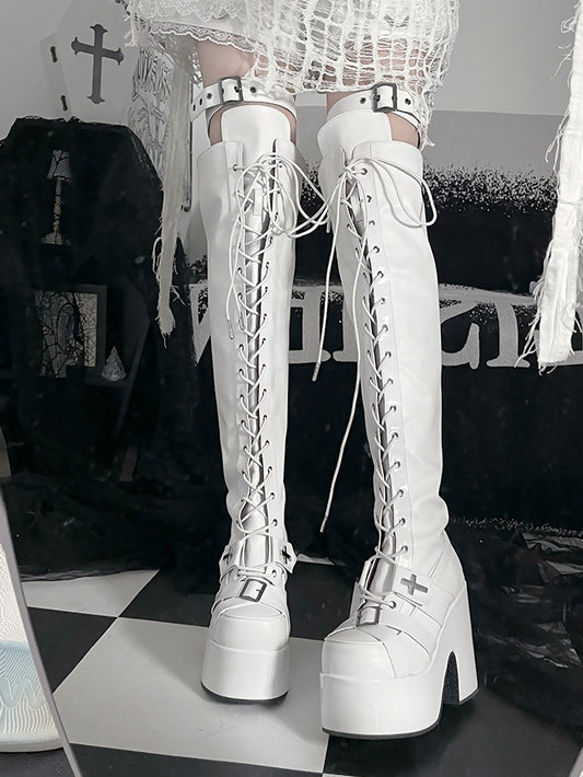Matte White Front Lace-up Ties Buckle Straps 12CM Heel Platform Thigh-high Boots