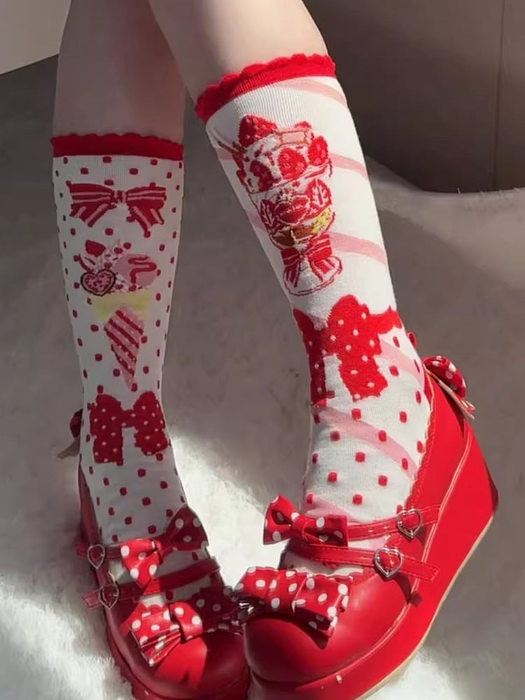 Strawberry Ice Cream Lolita Polka-dot Pattern Ruffled Cuff Calf socks