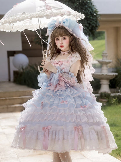 Blue and Pink Hime Lolita Bow Accents Tiered Skirt Princess Dress