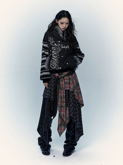 Gray&White/Black&White Plush Trim Striped Sleeves Hoodie