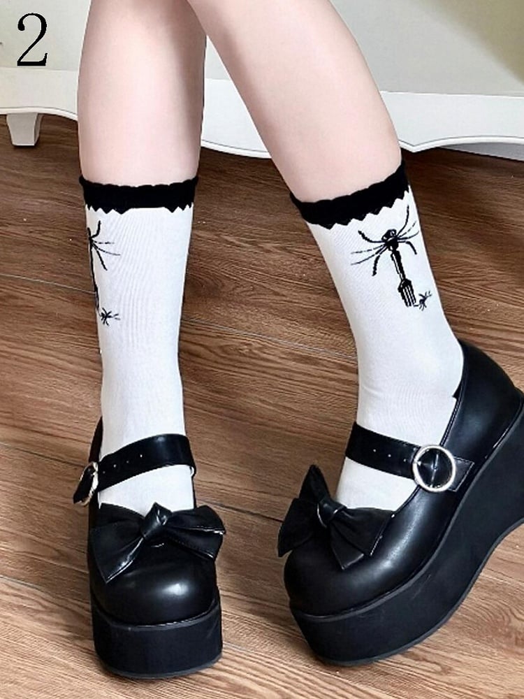Black Fork Spider Polka-dot Pattern Lolita Calf Socks