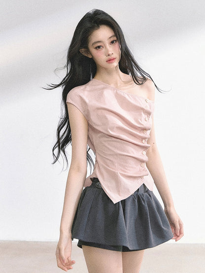 Pink Asymmetrical Neckline Front Button Placket T-shirt Self-tie Bowknot at Back