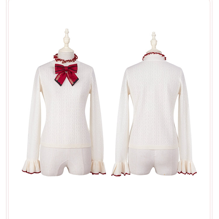 Aprioct Ruffle Neckline Long Sleeves Top with Red Bowknot