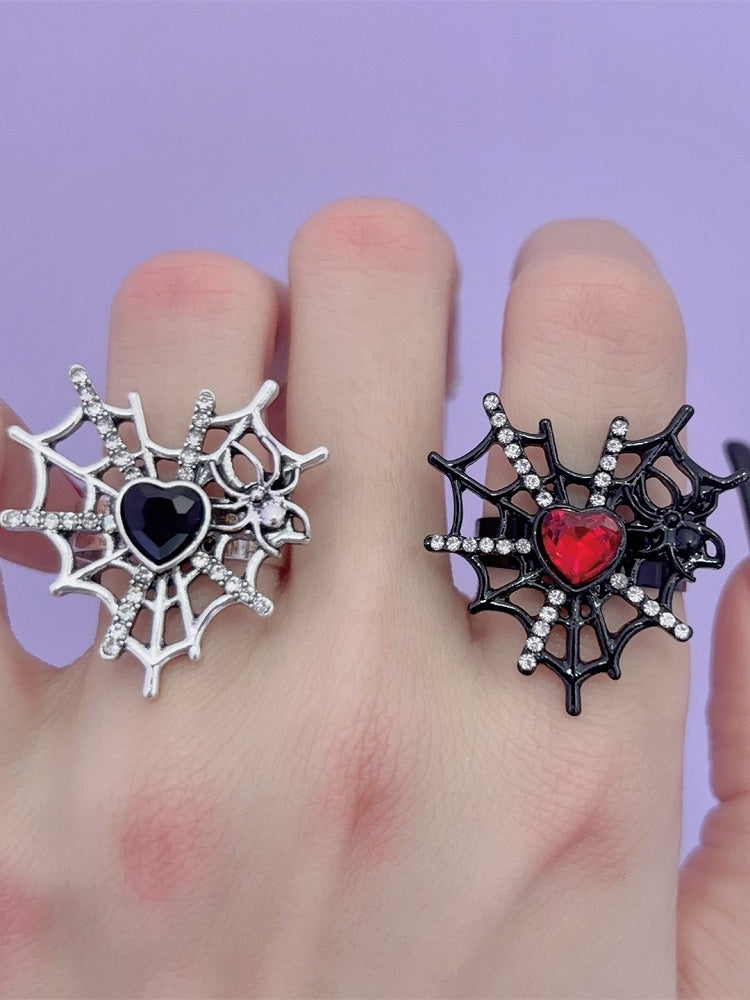 Silver/Black Y2K Punk Spider Web Heart Rhinestone Ring