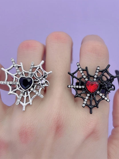 Silver/Black Y2K Punk Spider Web Heart Rhinestone Ring
