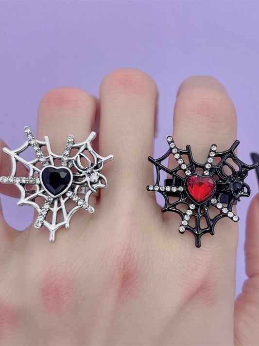 Silver/Black Y2K Punk Spider Web Heart Rhinestone Ring