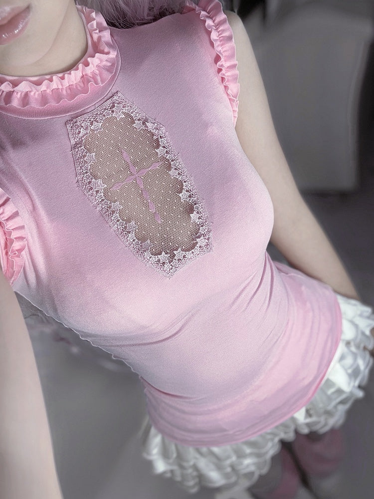 Light Pink Mock Neck Coffin-Shaped Cutout  Pastel Goth Sleeveless Top
