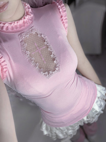 Light Pink Mock Neck Coffin-Shaped Cutout  Pastel Goth Sleeveless Top