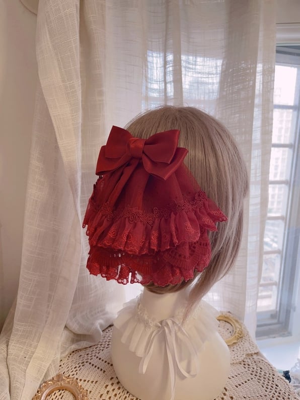 Black/White/Wine Red Bowknot Hairclip With Veil