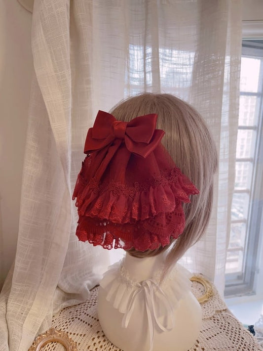 Black/White/Wine Red Bowknot Hairclip With Veil