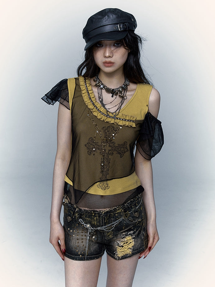 Rhinestones Decorated Yellow and Black Punk Rock Cross Print Asymmetrical T-shirt