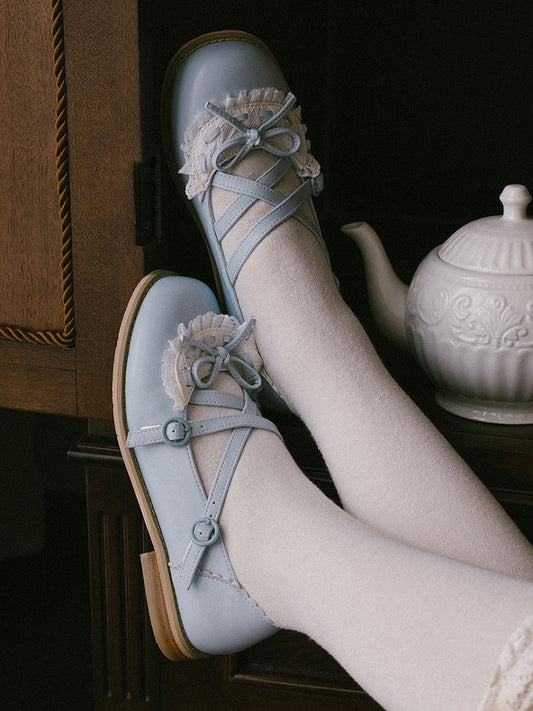 Blue Crisscross Design Lace Trim Bow at Top Lolita Shoes