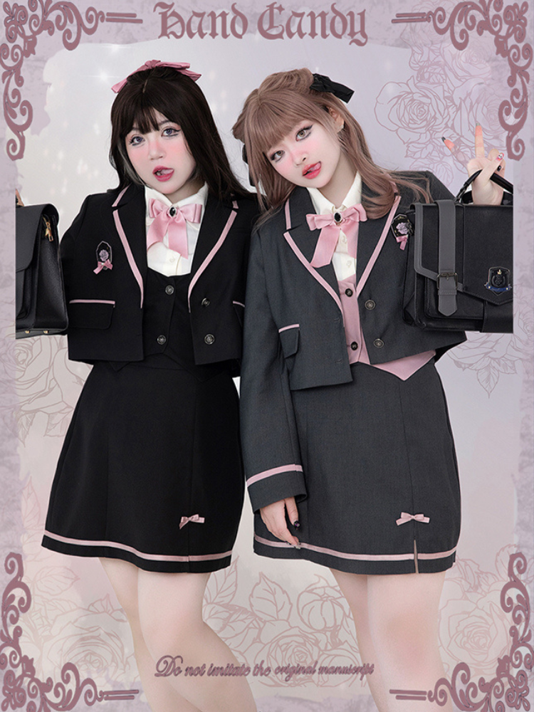 Plus Size - Rose Knight Apricot Shirt+Black Waistcoat+Black Blazer+Black Skirt Set