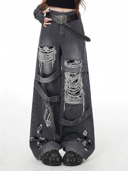 Grey/Red Plaid Faded Wash Distressed Holes Vintage Punk Wide-leg Jeans