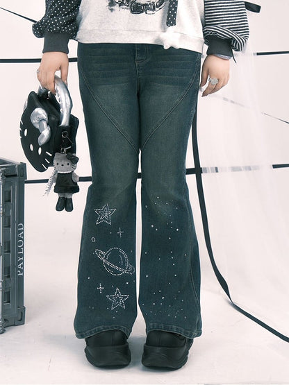 Plus Size Y2K Blue Flared Jeans with Rhinestone Planet & Star Motifs