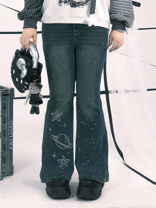 Plus Size Y2K Blue Flared Jeans with Rhinestone Planet & Star Motifs