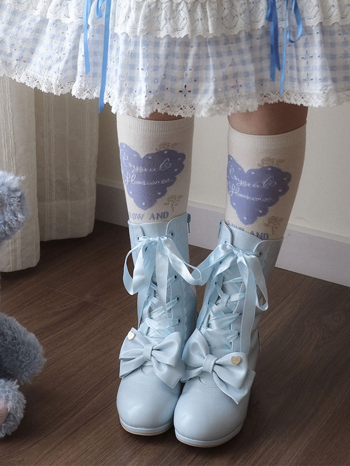Mid-heel Sweet Blue Lolita Boots with Bow-shaped Shoe Clips & Detachable Plush Cuff